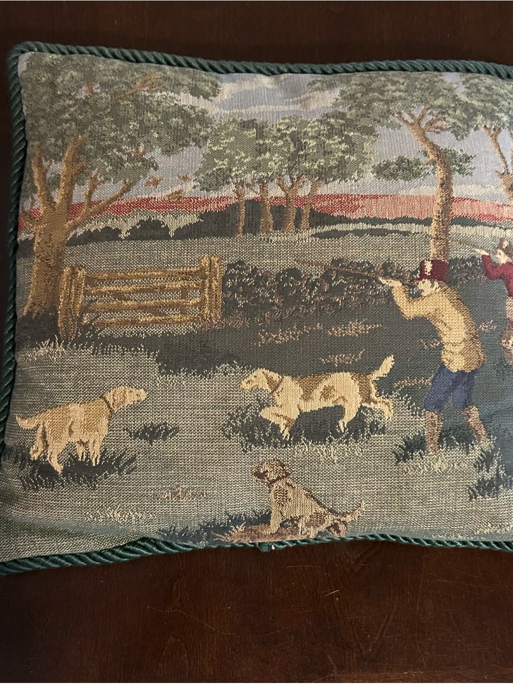 Decorative Hunting Scene Needlepoint Throw Pillow in Teal and Beige